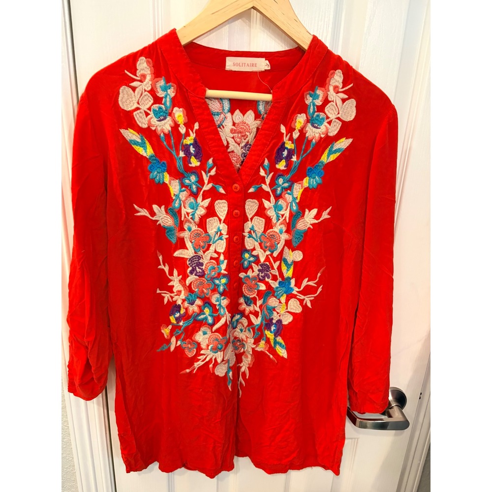 Solitaire Blouse Red Floral Embroidered Rayon Button Front Boho Tunic Top